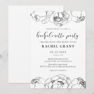 Black and white peonies Bachelorette Party Invitation