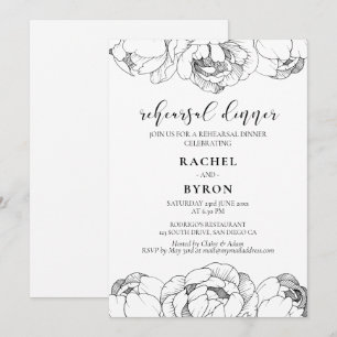 Black and white peonies elegant rehearsal dinner invitation