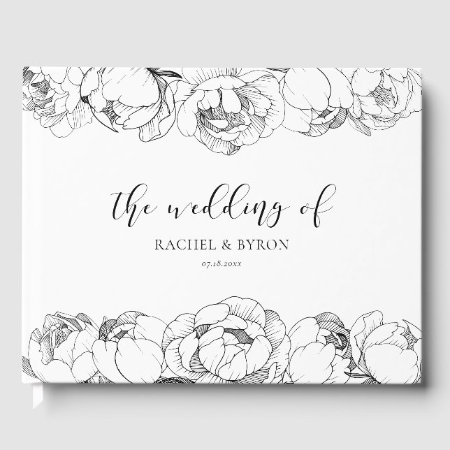 Black and white peonies elegant wedding guest book (Front)