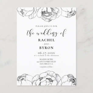 Black and white peonies elegant wedding invitation postcard