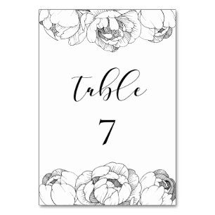 Black and white peonies elegant wedding table number