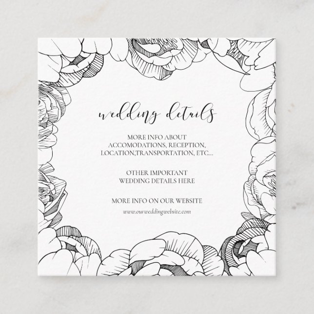 Black and white peonies wedding details card (Front)