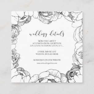Black and white peonies wedding details card