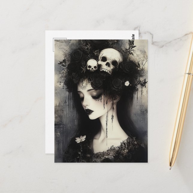 Black and White Persephone Queen of the Underworld Postcard (Front/Back In Situ)