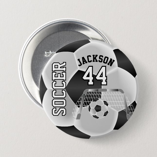 Black and White Personalise Soccer Ball 7.5 Cm Round Badge (Front & Back)