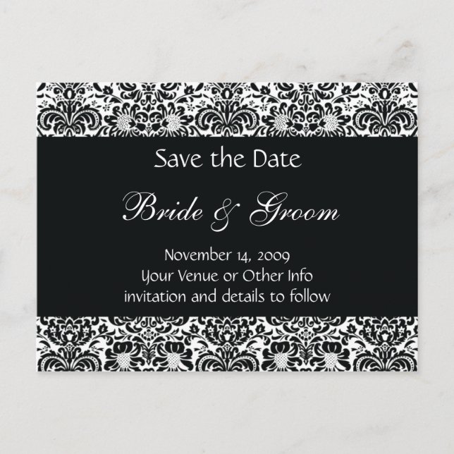 Black and White Personalised Damask Save the Date Announcement Postcard (Front)