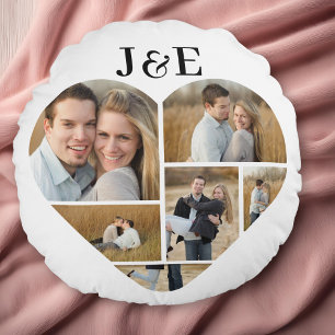 Black and White Personalised Heart Photo Collage  Round Cushion