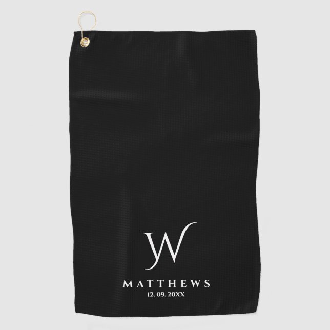 Black and white Personalised Monogram and Name  Golf Towel (Front)