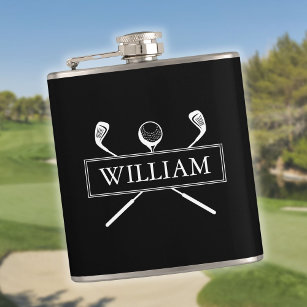 Black And White Personalised Name Clubs And Ball Hip Flask