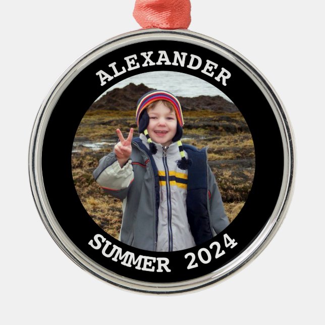 Black and White Personalised Round Family Photo Metal Tree Decoration (Front)