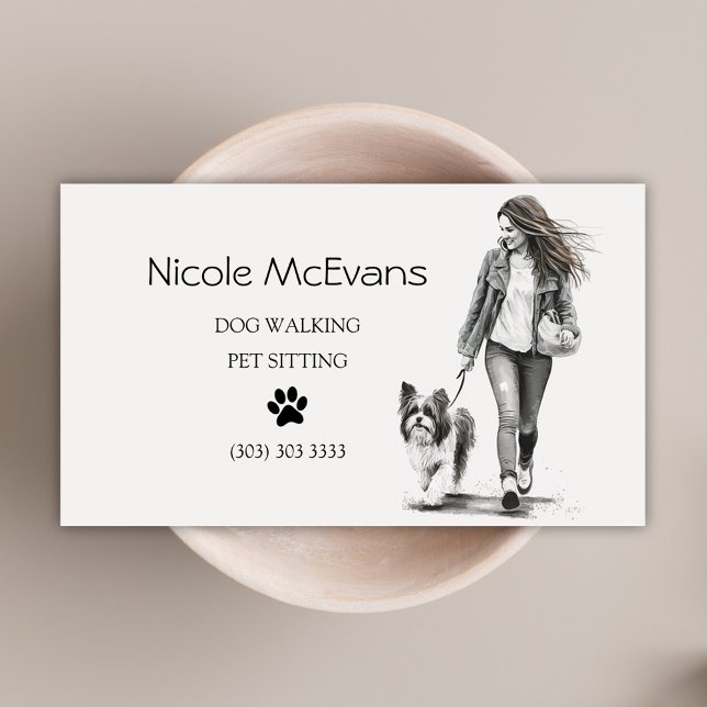 Black And White Pet Sitter Dog Walker Business Card (Pet Sitter Dog Walker Watercolor Business Card)