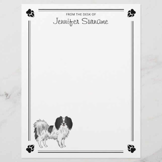 Black And White Phalène Cartoon Dog With Your Text Custom Letterhead (Front)