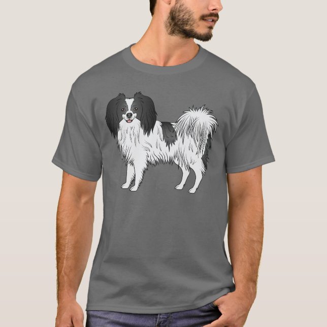 Black And White Phalène Cute Cartoon Dog Drawing T-Shirt (Front)