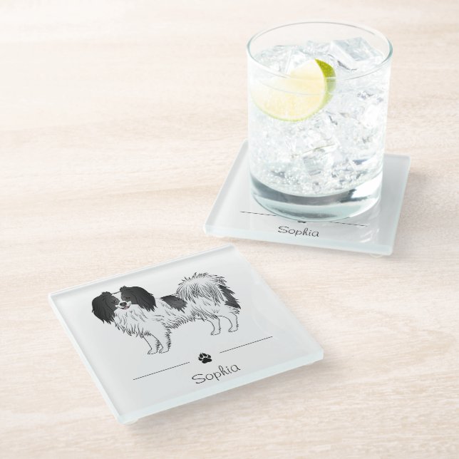 Black And White Phalène Cute Dog With Custom Name Glass Coaster (Angled)