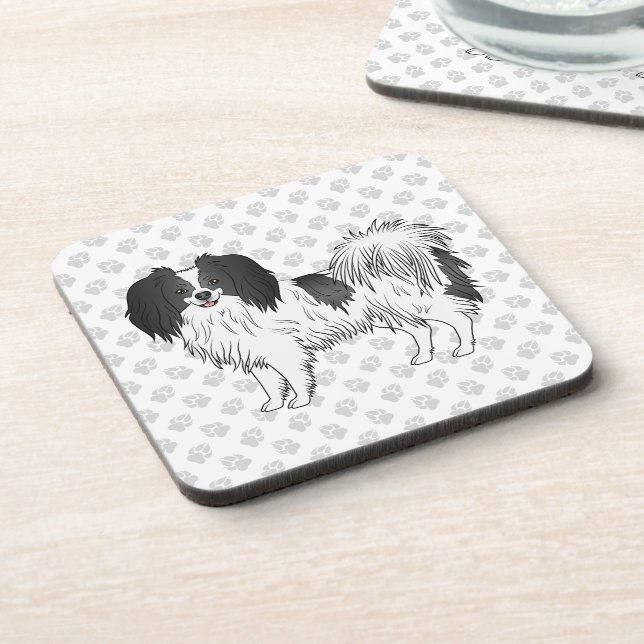 Black And White Phalène Dog On Grey Paws Pattern Coaster (Left Side)