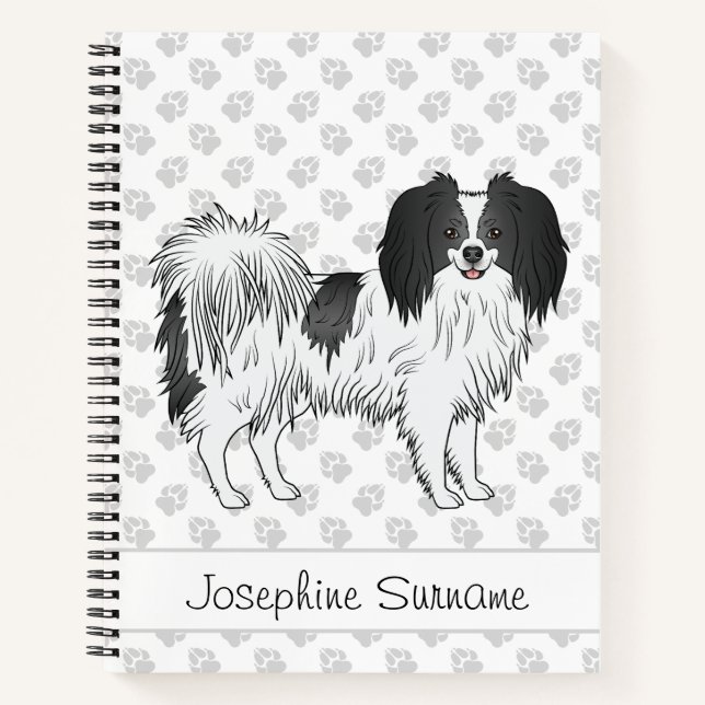 Black And White Phalène Dog With Text And Paws Notebook (Front)