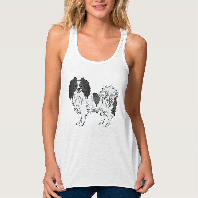 Black And White Phalène Standing Dog Illustration Singlet (Front)