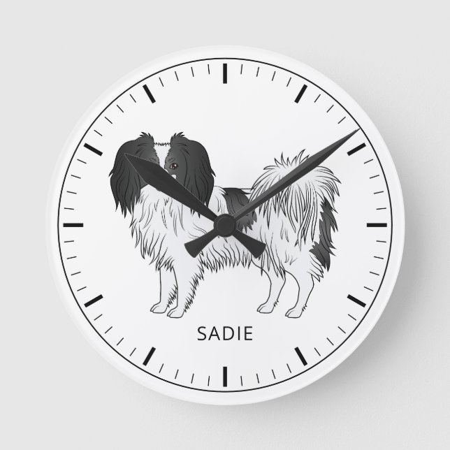 Black And White Phalène With Personalizable Name Round Clock (Front)