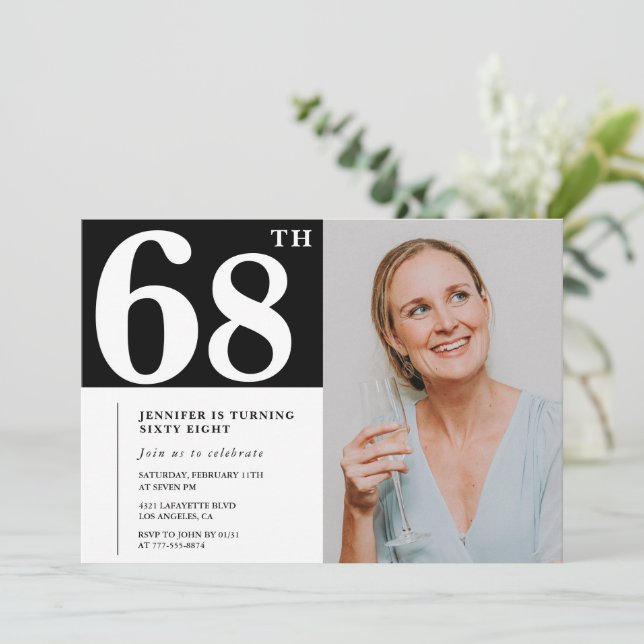 Black and White Photo 68th birthday Invitations  (Standing Front)