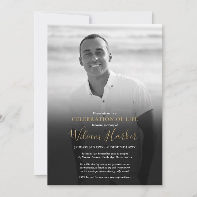 Black and White Photo Celebration of Life Funeral  Invitation (Front)
