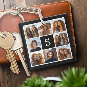 Black and White Photo Collage Custom Monogram Key Ring
