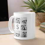 Black and White Photo Collage Custom Monogram Large Coffee Mug<br><div class="desc">You can use Instagram photos for this design. Use 8 square photos to create a unique and personal gift. Or you can keep the hipster puppy and make a trendy keepsake. If you need to adjust the pictures,  click on the customise tool to make changes.</div>