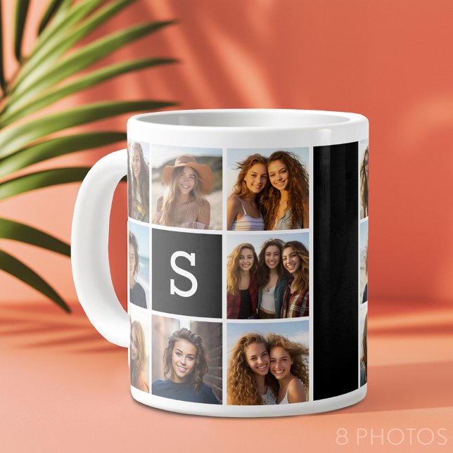 Black and White Photo Collage Custom Monogram Large Coffee Mug (Mug with 8 Photos)