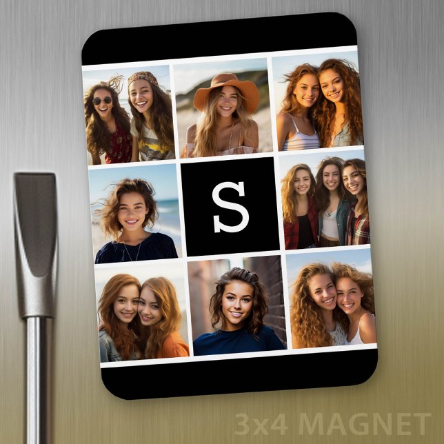 Black and White Photo Collage Custom Monogram Magnet (Personalized refrigerator magnet with photo collage and custom text - add 8 photos to this design)