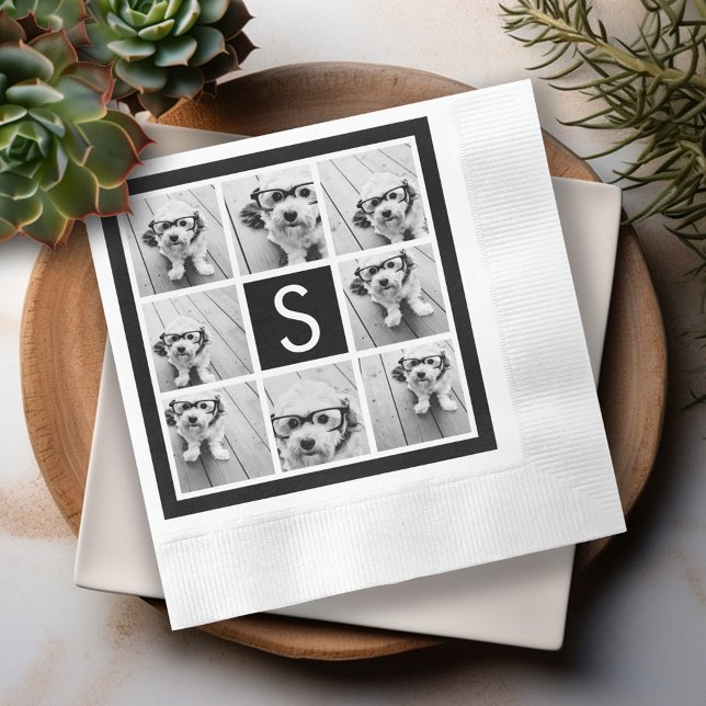 Black and White Photo Collage Custom Monogram Napkin (Personalized Photo Napkins)