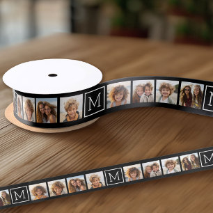 Black and White Photo Collage Custom Monogram Satin Ribbon