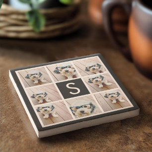 Black and White Photo Collage Custom Monogram Stone Coaster
