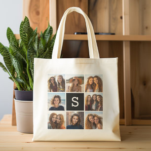 Black and White Photo Collage Custom Monogram Tote Bag