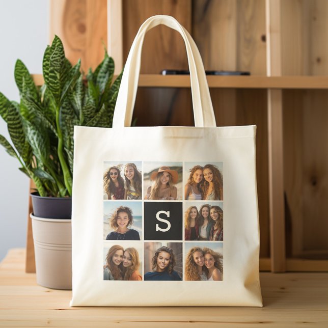 Black and White Photo Collage Custom Monogram Tote Bag (Personalized tote bag - photo collage and monogram)