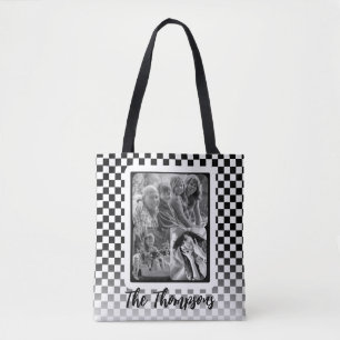 Black and White Photo Collage Family name Tote Bag