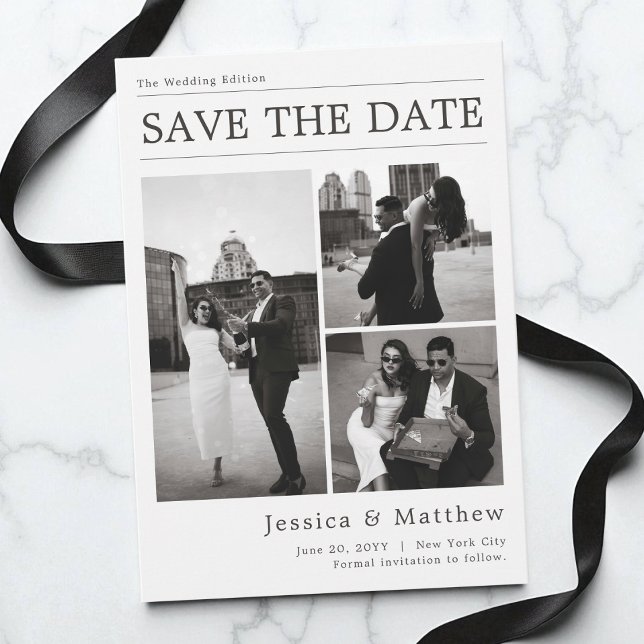 Black and White Photo Collage Newspaper Wedding Save The Date (Black and White Photo Collage Newspaper Wedding Save The Date)