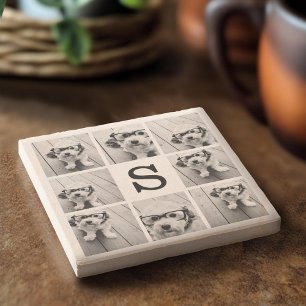 Black and White Photo Collage with Monogram Stone Coaster