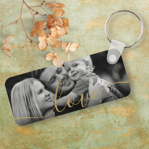 Black and White Photo Elegant Gold Script Love Key Ring