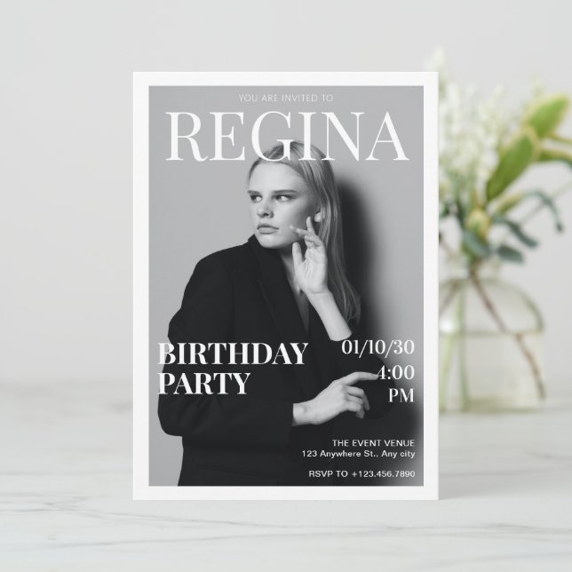 Black and white photo elegant magazine birthday invitation (Standing Front)