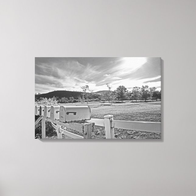 Black and White Photo Mailboxes Country Road Art Canvas Print (Front)