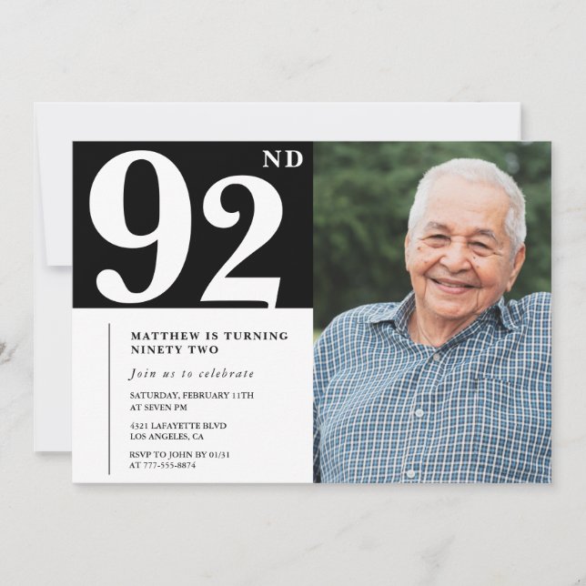 Black and White Photo Men 92nd birthday Invitation (Front)