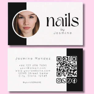 Black And White Photo Nails QR Code Social Icons  Business Card