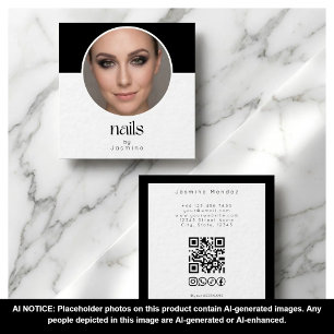 Black And White Photo Nails QR Code Socials Square Business Card