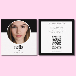 Black And White Photo Nails QR Code Socials Square Business Card