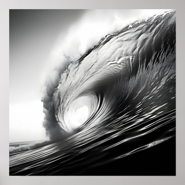 Black and white photo of a breaking ocean wave poster (Front)