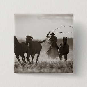 Black and White photo of a Cowboy Lassoing Horses 15 Cm Square Badge