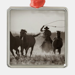 Black and White photo of a Cowboy Lassoing Horses Metal Tree Decoration