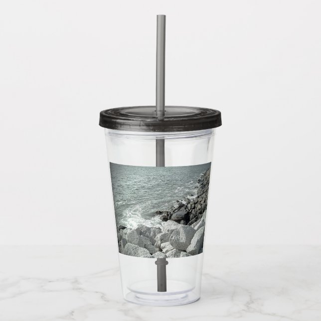 Black and White Photo of a Rocky Ocean Shore Acrylic Tumbler (Front)