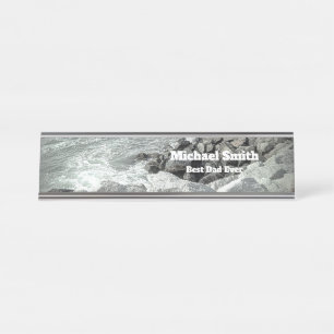 Black and White Photo of a Rocky Ocean Shore Desk Name Plate
