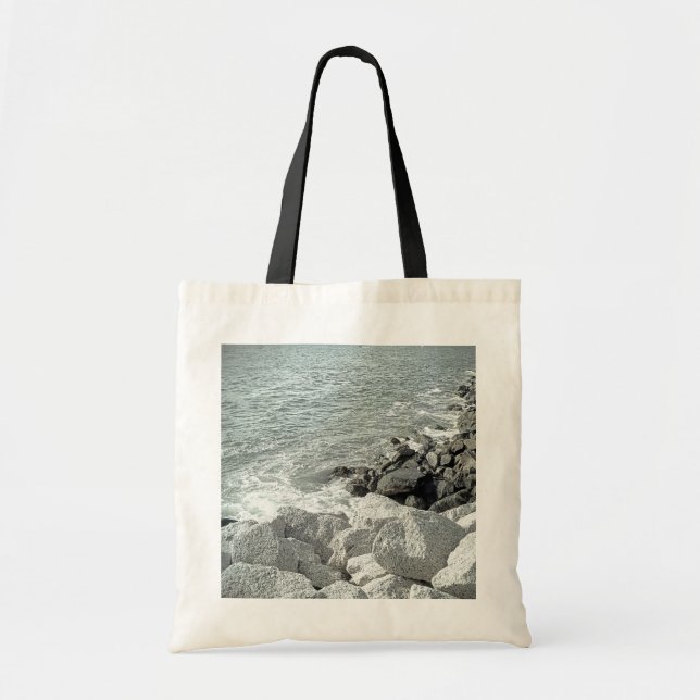 Black and White Photo of a Rocky Ocean Shore Tote Bag (Front)