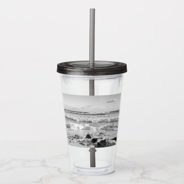 Black and White Photo of Atlantic Ocean Waves Acrylic Tumbler (Front)
